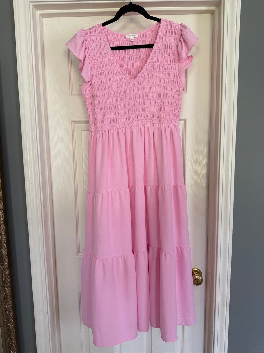 Blu Pepper Pink Smocked V-Neck Tiered Dress